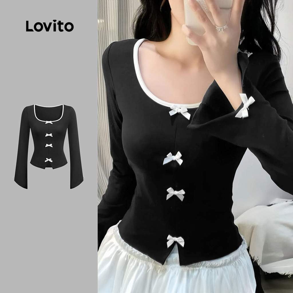 Lovito Camisa Casual com Laço Inverno/outono Camiseta Preta para Mulheres L156AD084