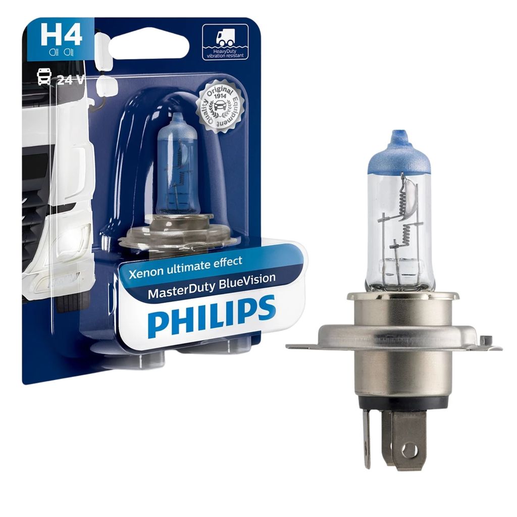 LÂMPADA HALÓGENA PHILIPS MASTER DUTY BLUE VISION FAROL ALTO BAIXO H4 70W/75W CAMINHÃO 24V