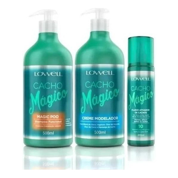 Kit Cacho Magico Shampoo 500ml Creme Modelador 500ml Fluido Ativador 200ml Lowell