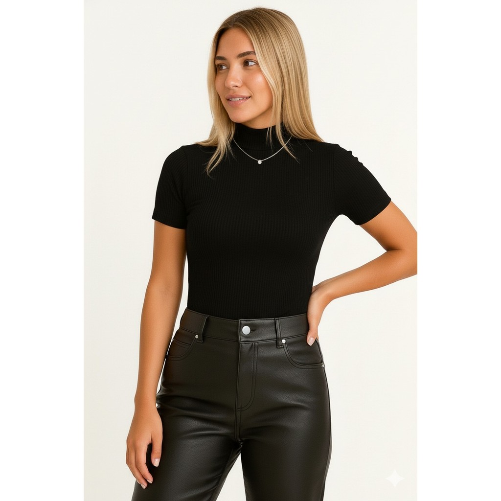 blusa feminina moda canelada elastano gola alta manga curta moderna