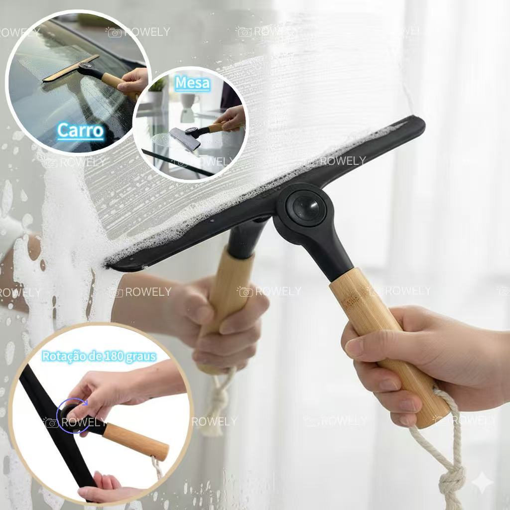 Rodo de Limpeza de Silicone com  Cabo de Madeira 360° para Banheiro, Vidros e Carro