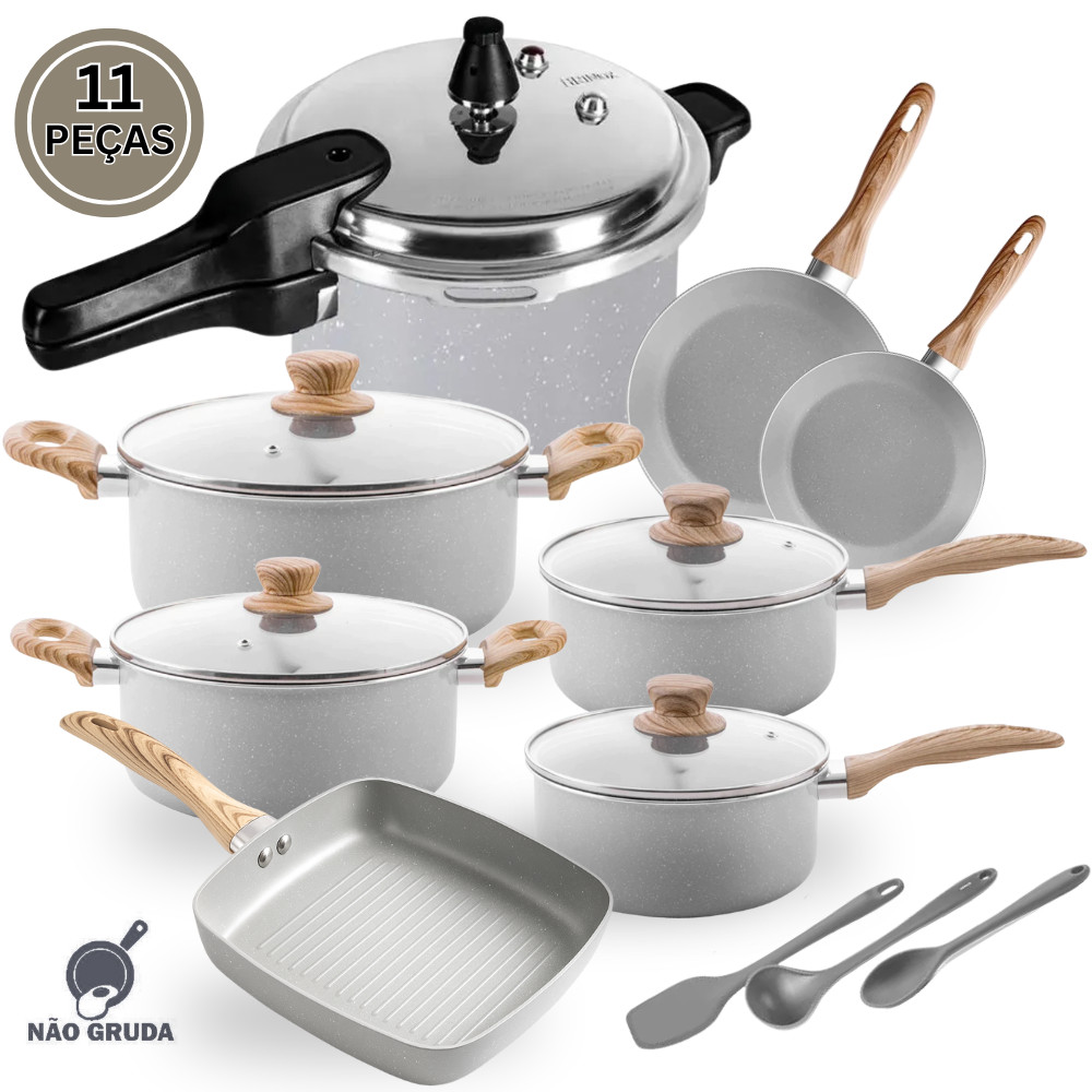Jogo De Panela Indução Cerâmica E Panela De Presão Ceramic Life Gris Brinox 11 Peças