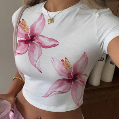 Blusa Cropped Algodão Feminino Floral Tropical Rose Tendência Verão oversized