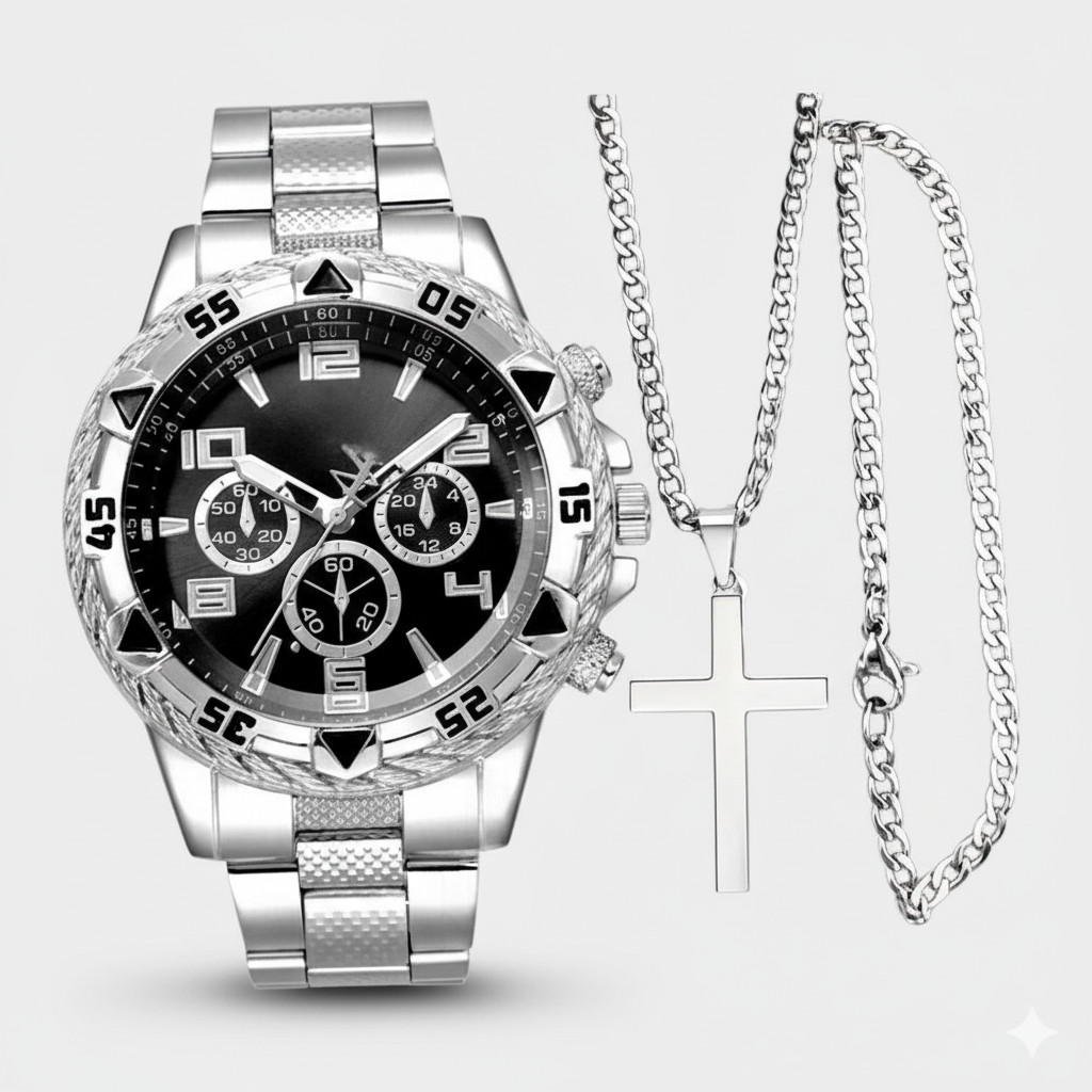 Kit Relógio Masculino + Corrente com Cruz + Pulseira – Conjunto Masculino Elegante