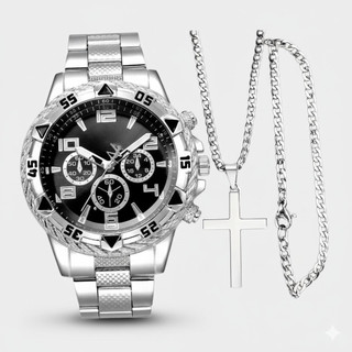 Kit Relógio Masculino + Corrente com Cruz + Pulseira – Conjunto Masculino Elegante