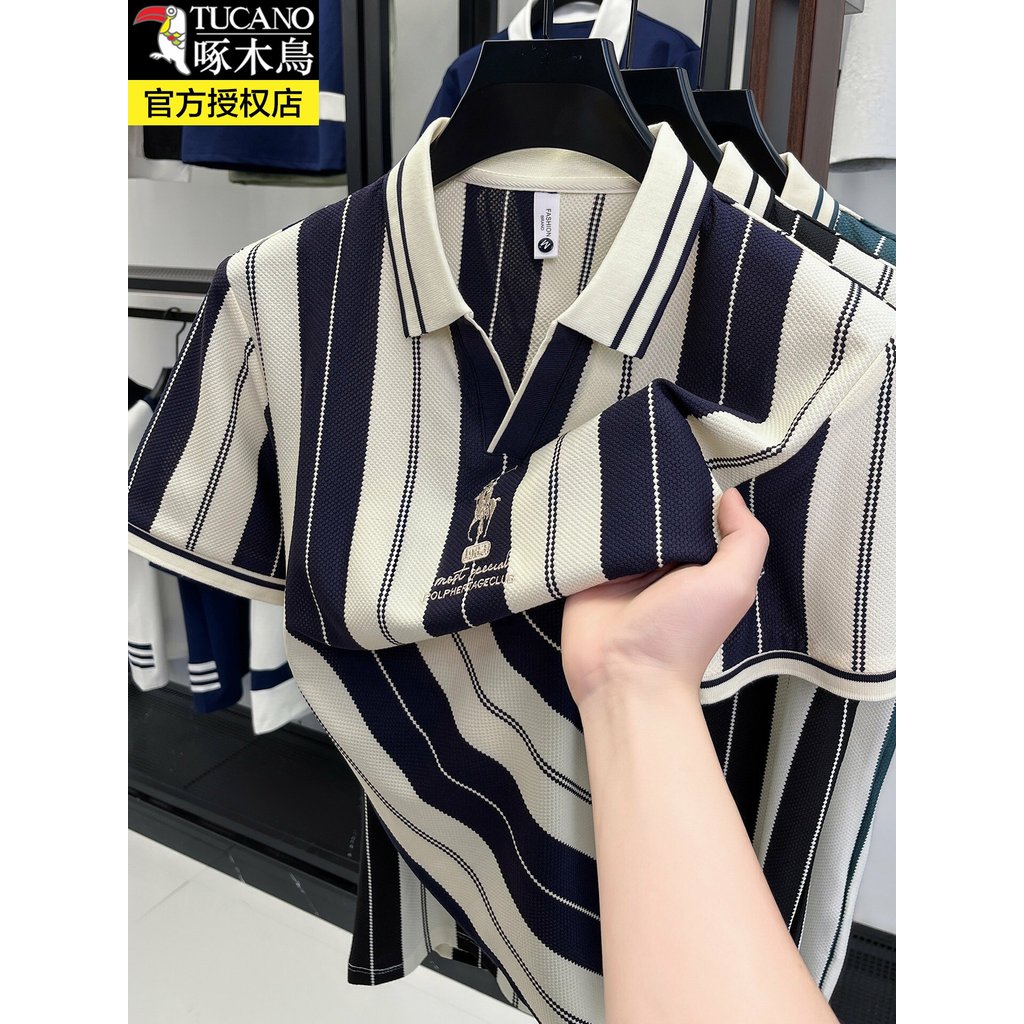 Woodpecker verão novo estilo de manga curta gola gaivota moda camisa POLO listrado masculino Casual topo pai Wear na mod