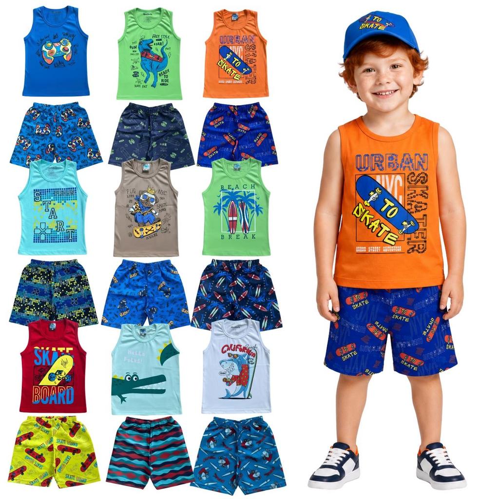 Kit 8 Peças de Regatas 4 Conjuntos para Meninos Infantil Masculino Roupa de Verão Estampado em Algodão para Calor