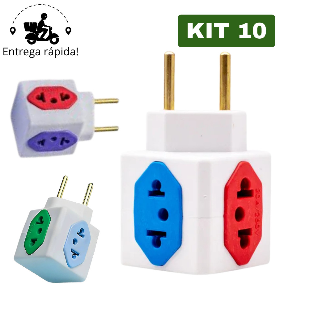 Adaptador de Tomada Cubo Colorido Benjamin 4 Entradas Bivolt Universal 10A e 20A GR