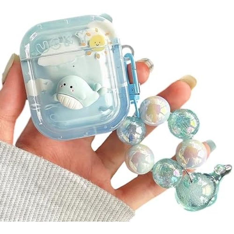 Capa Fofa Compatível Com Airpods 4 , Kawaii 3D Cartoon Dolphin Ocean Pattern Pulseira De Pérola Chaveiro Para Mulheres E