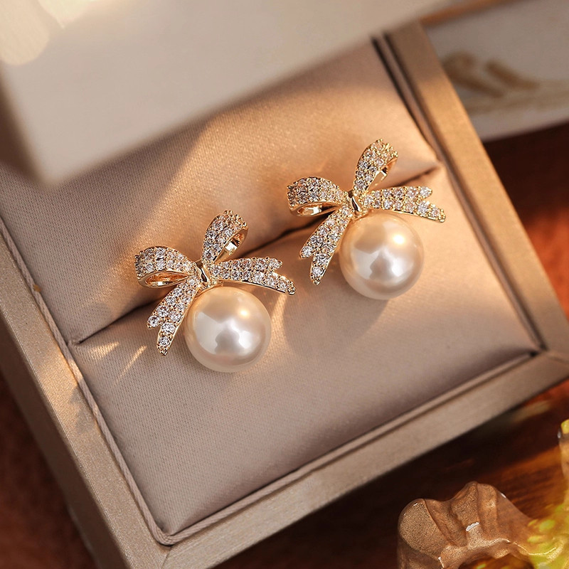 Brincos de pérola com arco Brincos de Micro diamante para meninas Brincos elegantes combinados