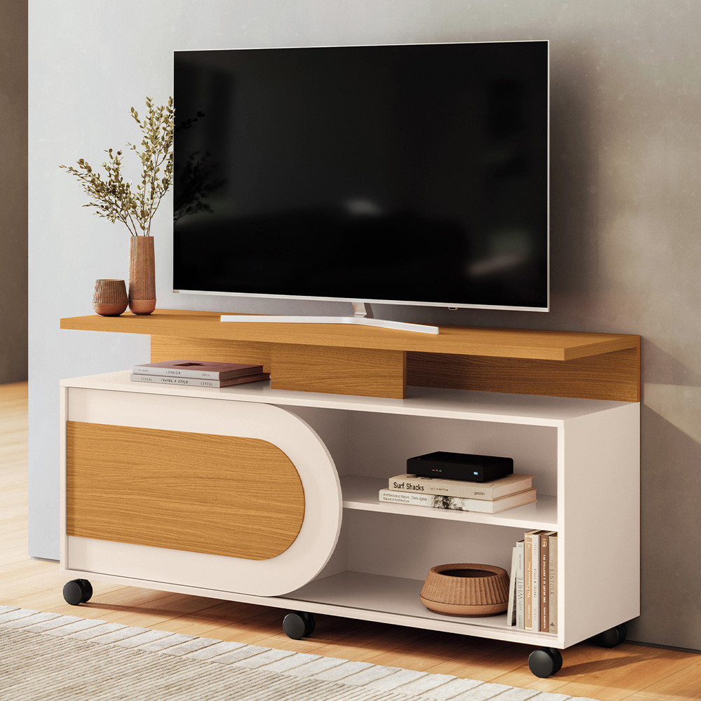 Rack Para Sala de Estar TV 55 Pol Com Rodízios Batel B01 Cinamomo Off White - Lyam Decor