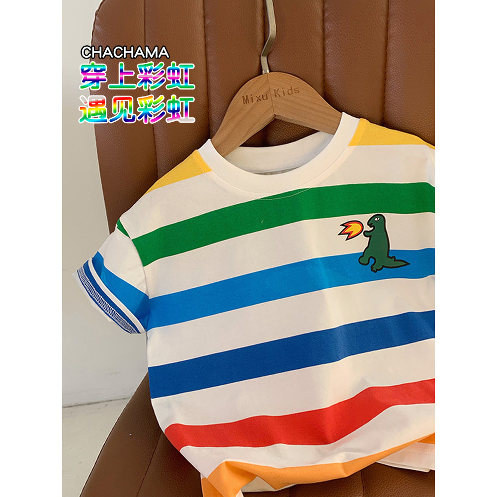 Chá mãe roupas infantis meninos verão novo estilo arco-íris listrado manga curta camiseta infantil puro algodão pulôver 