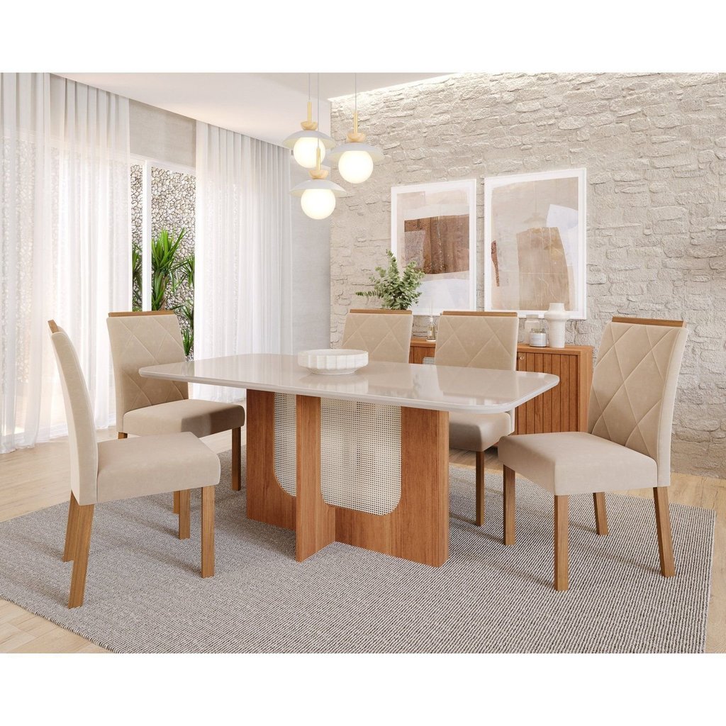 Sala de Jantar Louise 180cm com 06 Cadeiras Fernanda Wood Marrom/Cinamomo/Off White/Madeira/Nude