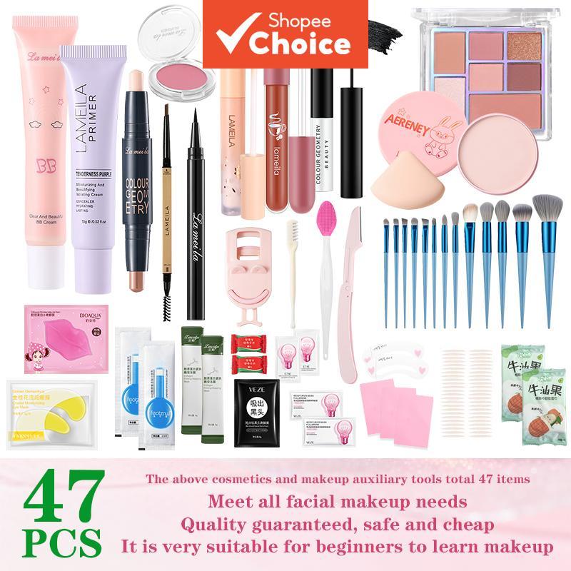 LAMEILA Kit de Maquiagem Completo para Iniciantes 47 Peças - Sombra, Pó, Base Compacta, Pincéis, Batom, Ferramentas