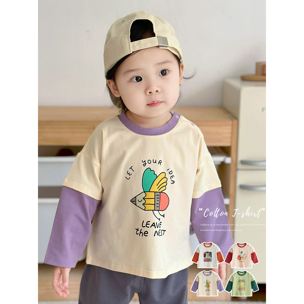Camiseta de bebê de manga comprida fina primavera outono puro algodão contraste cor dos desenhos animados bonito em torn