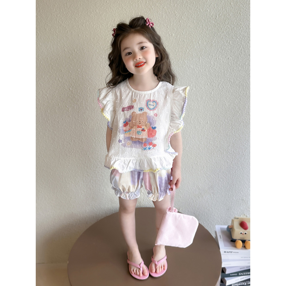 2025 estilo verão menina criança moda arco-íris flor Bud colete conjunto moda menina bebê legal fino conjunto de duas pe