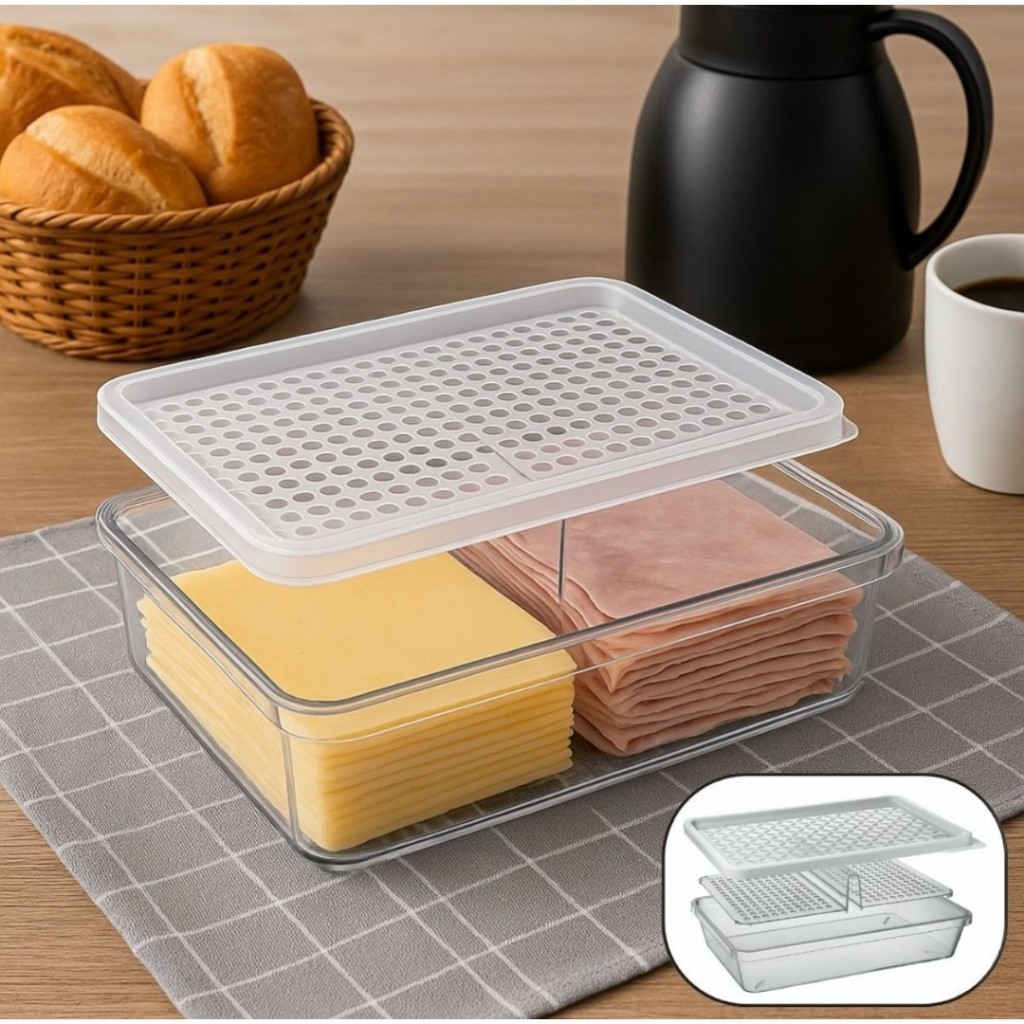 Porta Frios Duplo UZ Com Divisória E Grade Escorredor Organizador De Geladeira Transparente Premium
