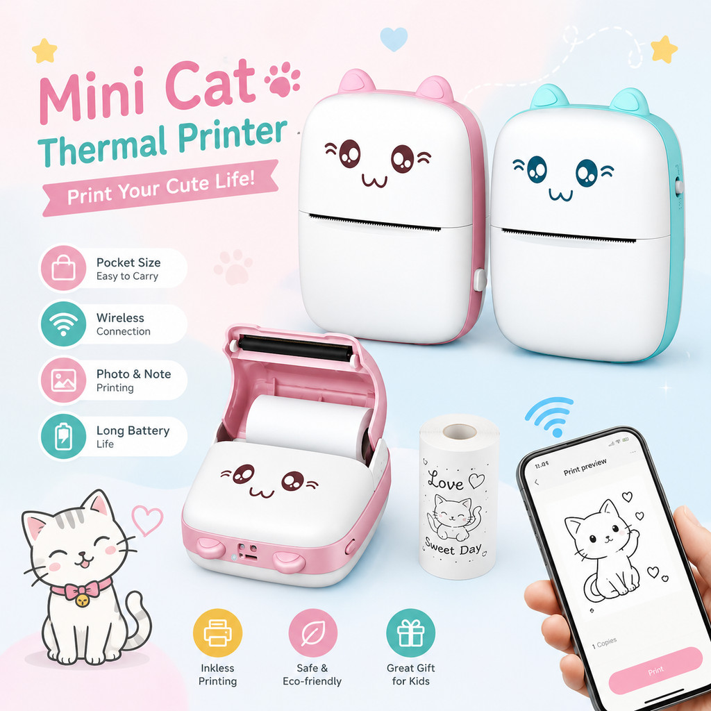 Mini Impressora Térmica Portátil Bluetooth Gatinho Para Fotos Notas E Papel Térmico