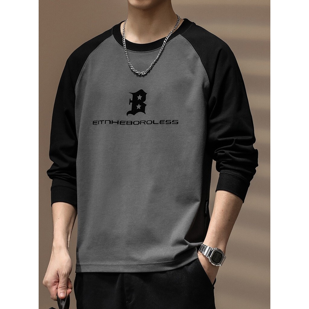 High-End estilo americano contraste cor costura manga comprida camiseta masculina primavera outono solto mais gordura pl