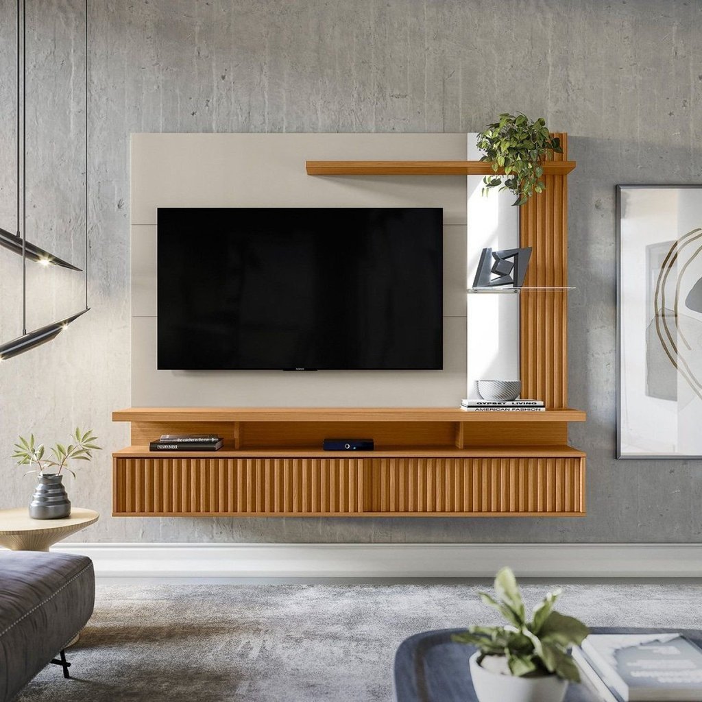 Painel Ripado para TV até 60 Polegadas MDF 182CMX154CM Home com Maragogi Marrom Nature/Off White