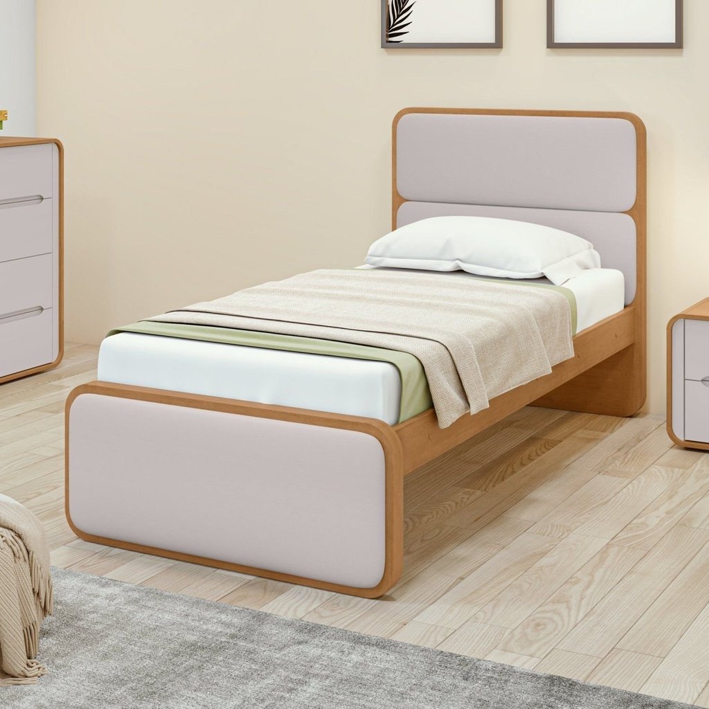 Cama de Solteiro Corino Cabeceira Estampada Madeira Loop Amêndoa Clean/Off White Amêndoa Clean/Off White