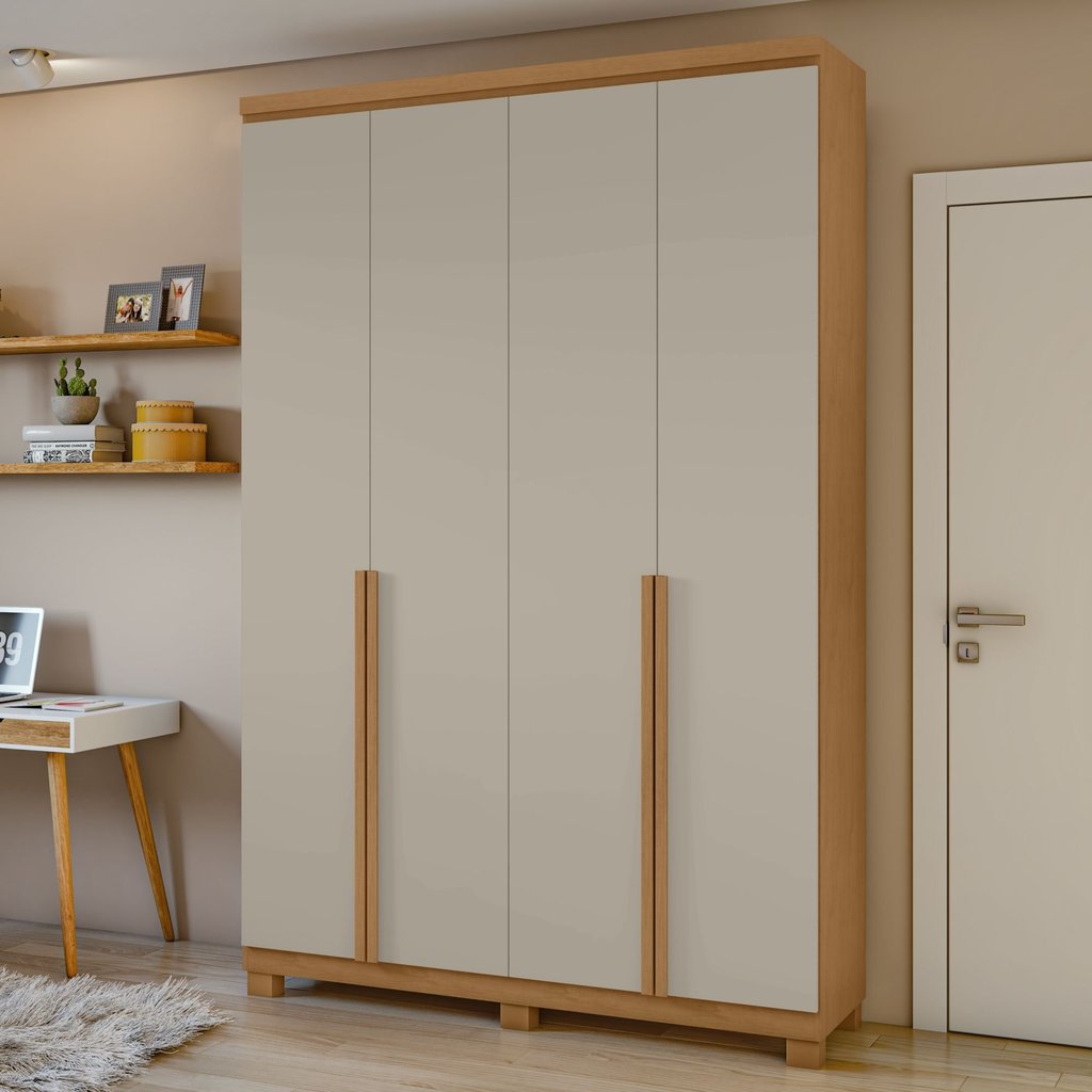 Guarda-Roupa Solteiro 4 Portas 2 Gavetas com Pés MDF 153cm Alonzo Marrom Amêndoa Clean/Off White Amêndoa Clean/Off