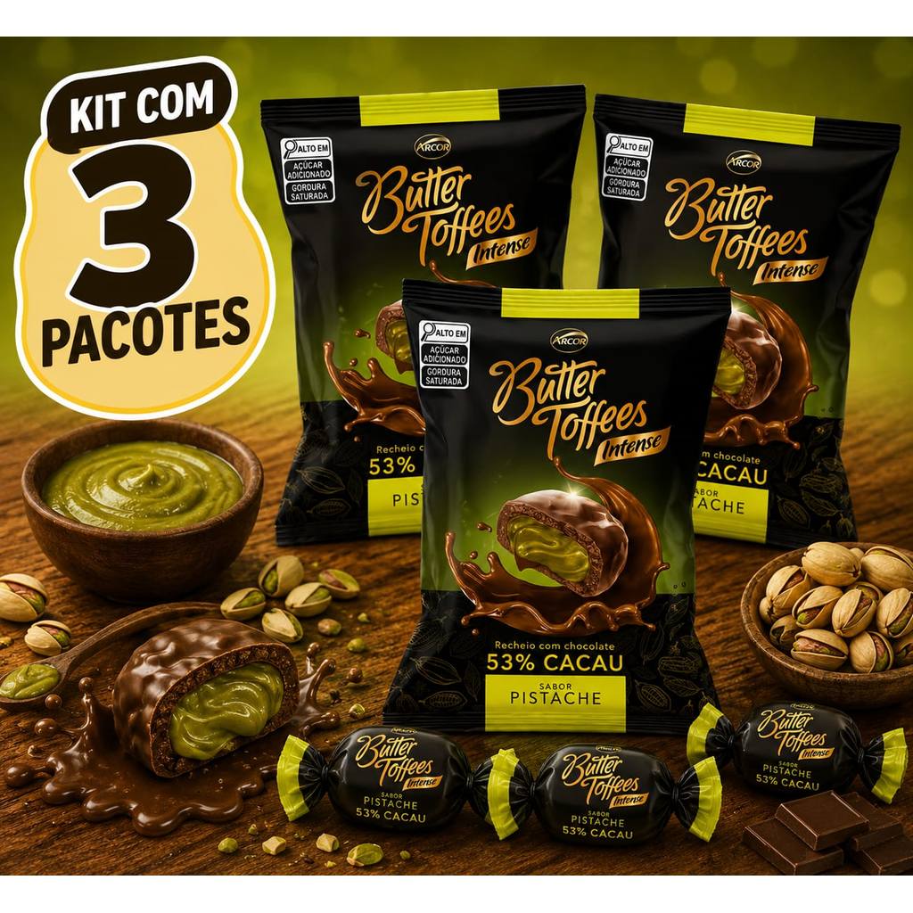 Kit Com 3 Balas Mastigável Butter Toffees Intense 53% Cacau Pistache Arcor 90g
