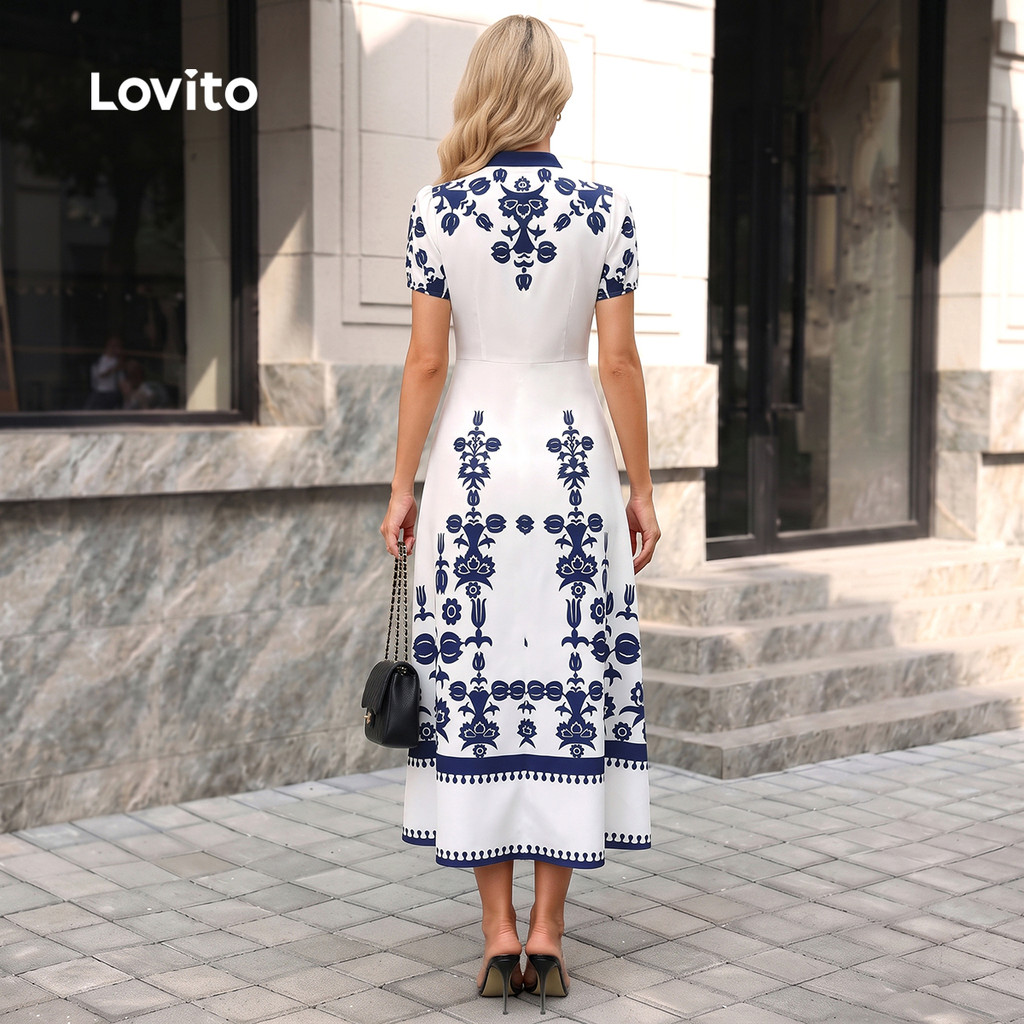 Lovito Elegante Padrão de Vestido Estilo Resort Primavera/verão Vestido Azul e Branco para mulheres LK4LD325 · foto 2