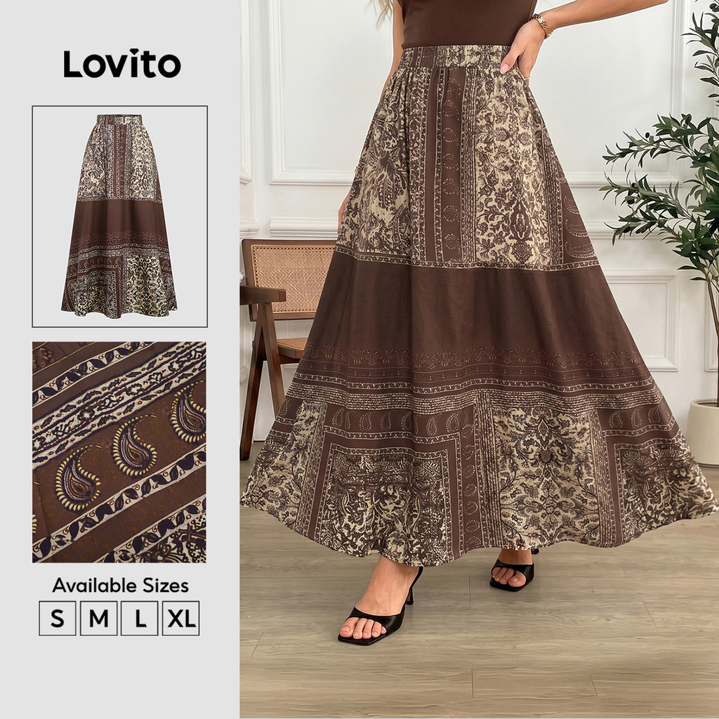 Lovito Marrom Casual Saias plissadas saias primavera/verão para mulheres LK3LD37