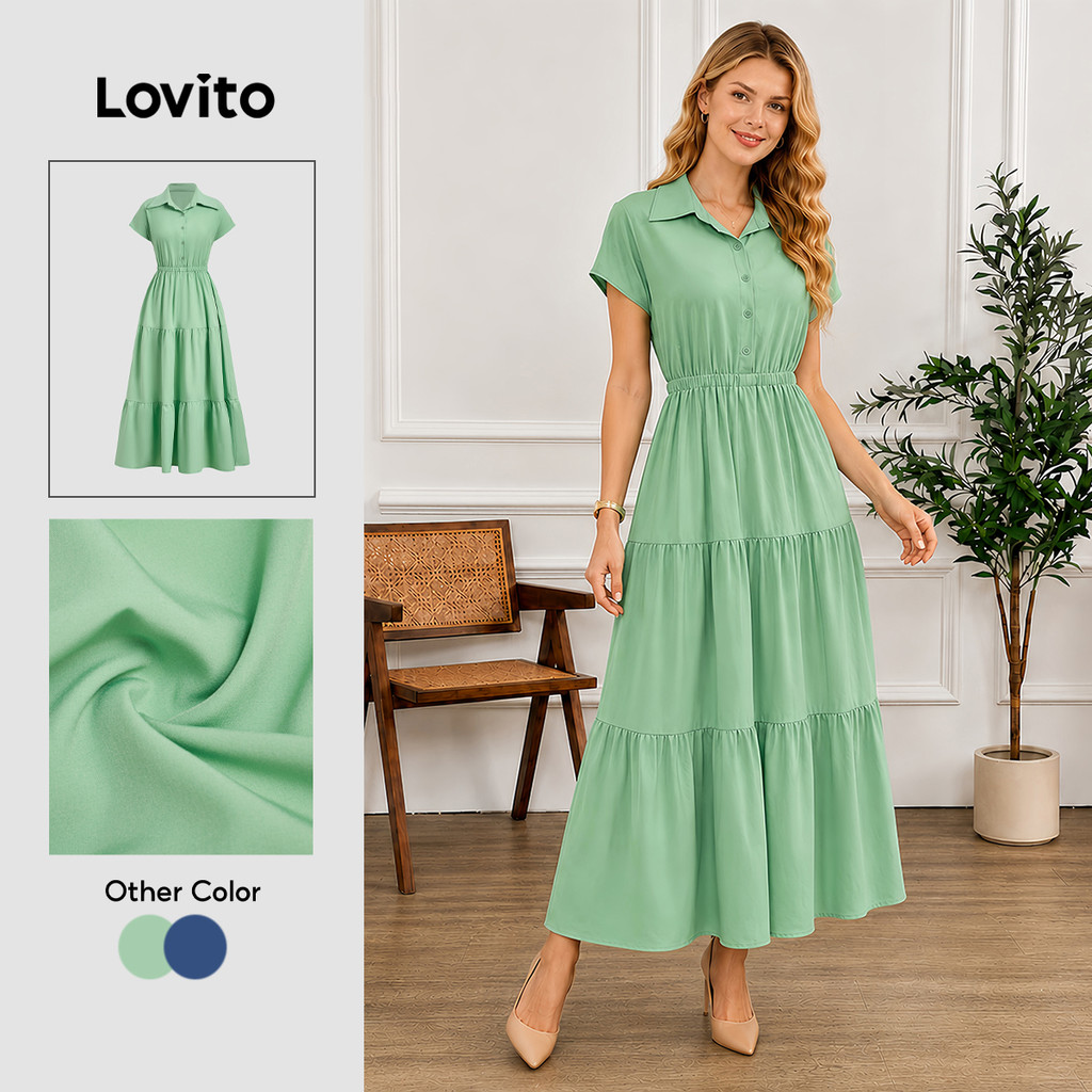 Lovito Casual Vestido com Botão Primavera/verão Vestido Verde para mulheres L157LD279