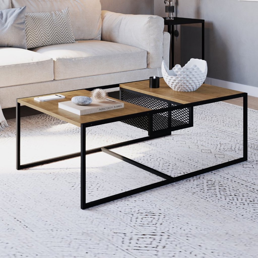 Mesa de Centro Industrial Retrô com Nicho Madeira/Aço York Bege Hanover/Preto