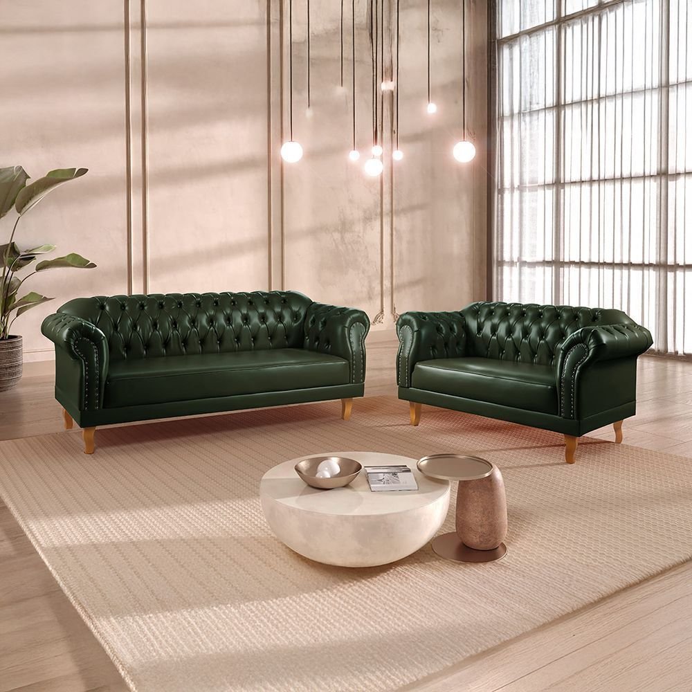 Conjunto de Sofás Chesterfield 5 Lugares Couro Sintético Verde Duque 200cm Yescasa Verde