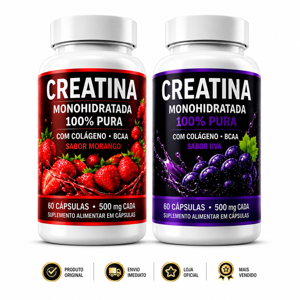 Creatina Monohidratada 100% Pura 60 Cápsulas | Sabores Morango e Uva | Envio Imediato