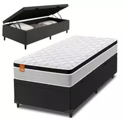 Cama Box Baú Solteiro Colchão Molas Ensacadas Real 88x188x68cm Preto / Cinza - Suporta até 130kg por