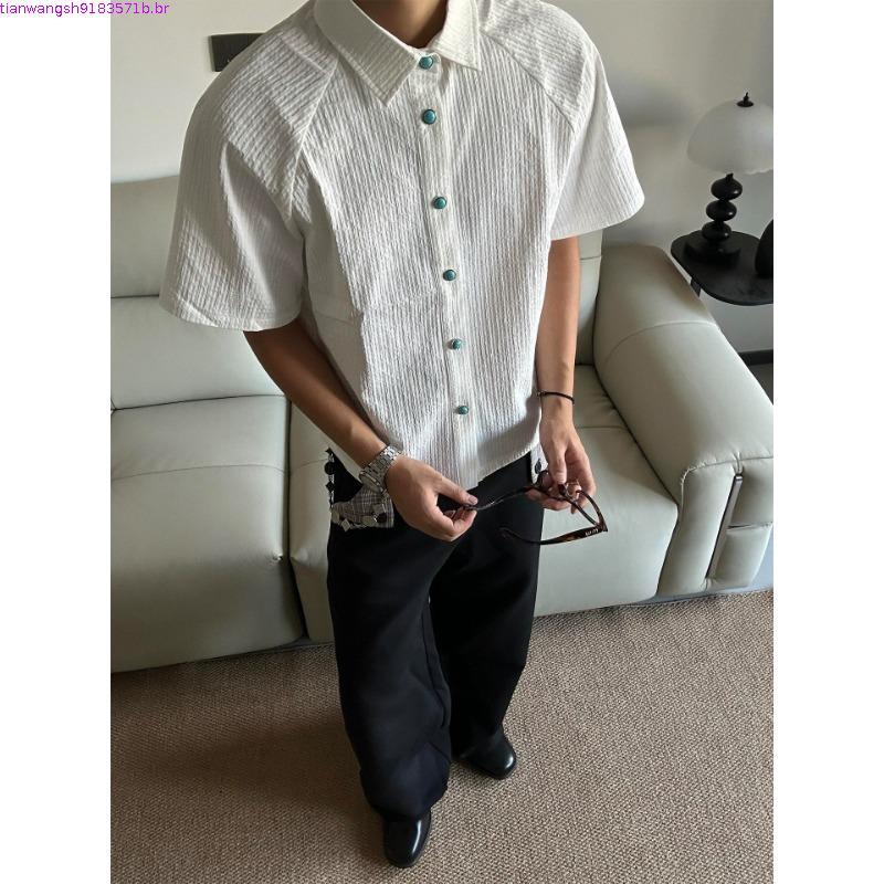 Moda americana turquesa botão csa de manga curta masculina verão estilo fino texturizado velho dinheiro csa solta