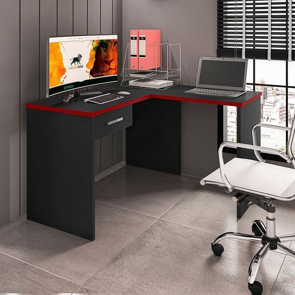 Mesa Gamer Escrivaninha em L DRX9000 1 Gaveta 152cm Preto Preto/Vermelho