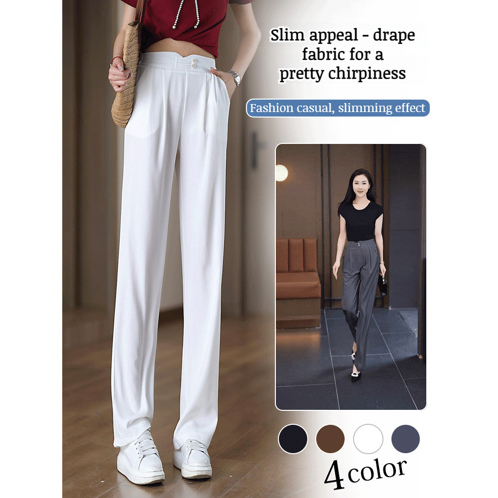 [Tecido Leve] Calças casuais femininas de cintura alta, finas, em seda gelo, retas, justas e frescas/Calça Fresca/Calça