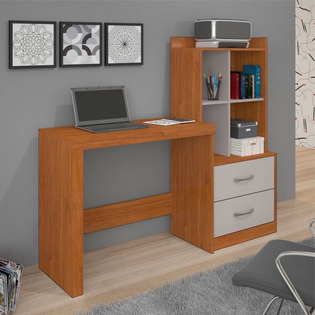Escrivaninha Mesa Escritório com Estante Alana 2 Gavetas 4 Nichos 141cm Cinamomo e Off Marrom Cinamomo/Off White