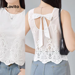 Lovito Blusa Branca De Algodão Com Decote Redondo Mangas Compridas E Amarração Nas Costas Com Bordado Inglês Para a Primavera/verão Feminina LR13E004