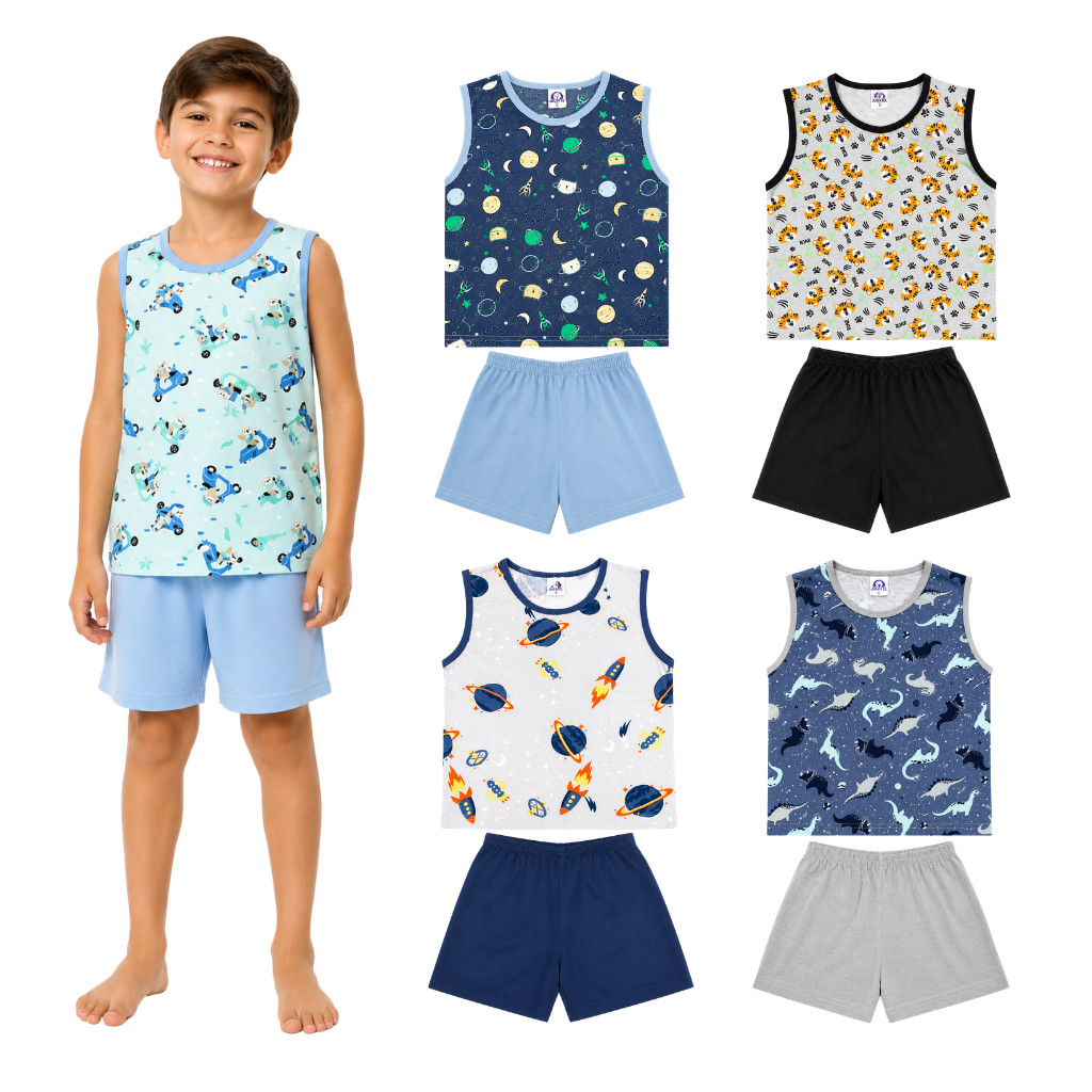 Kit 2 Pijamas Regata Machão e Short Estampas Sortidas Infantil Masculino Tam. 2 ao 8