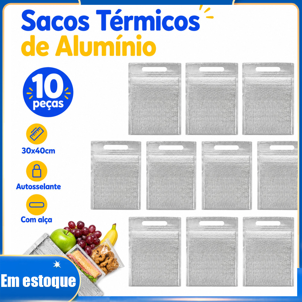 Conjunto 10 Bolsas Conservadoras 30x40cm com Zíper para Comida, Bebida, Piquenique e Academia Fácil
