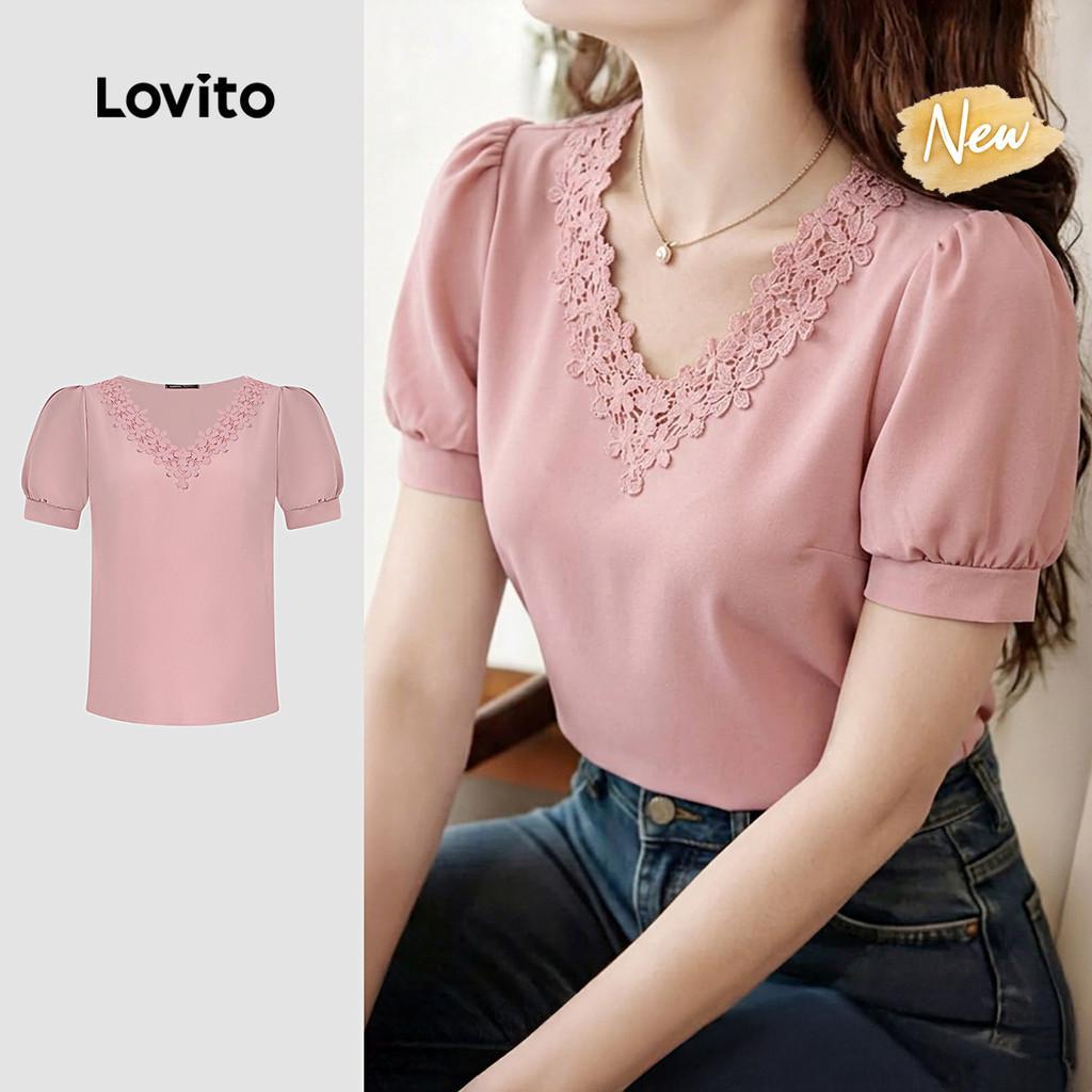 (New Arrival) Lovito Blusa Elegante de Tecido de Renda com Recortes e Plissados