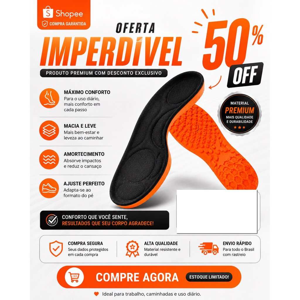 Palmilha Ortopédica Gel PU Anatômica Confortável Macia Anti Impacto Para Quem Trabalha em Pé Promoção
