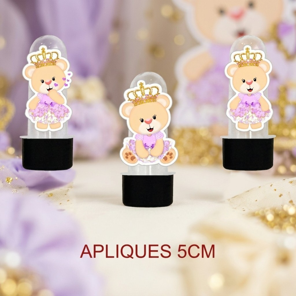 30 Apliques 5cm Ursinha Princesa LILÁS kit festa lembrancinhas tubetes mimos adesivo tag personalizados