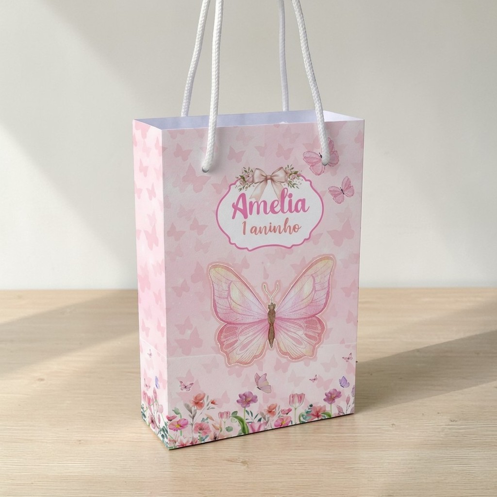 Sacolinha personalizada JARDIM DAS BORBOLETAS ROSA PEGUE E MONTE | Personalizados lembrancinhas mimos
