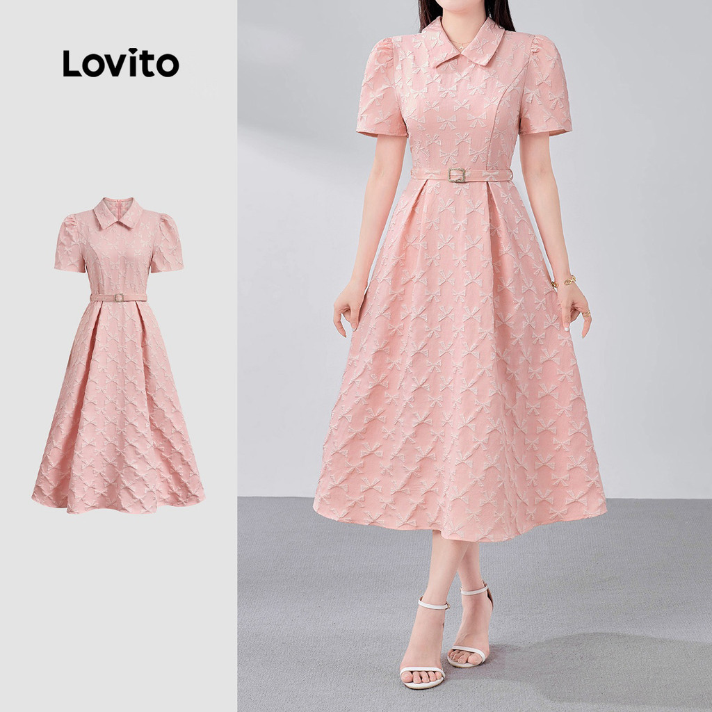 Lovito Rosa Vestido Midi Clássico E Versátil Em Jacquard Com Mangas Curtas E Gola De Palha Para O Dia a Dia Na Primavera/verão Para Mulheres LR18E122