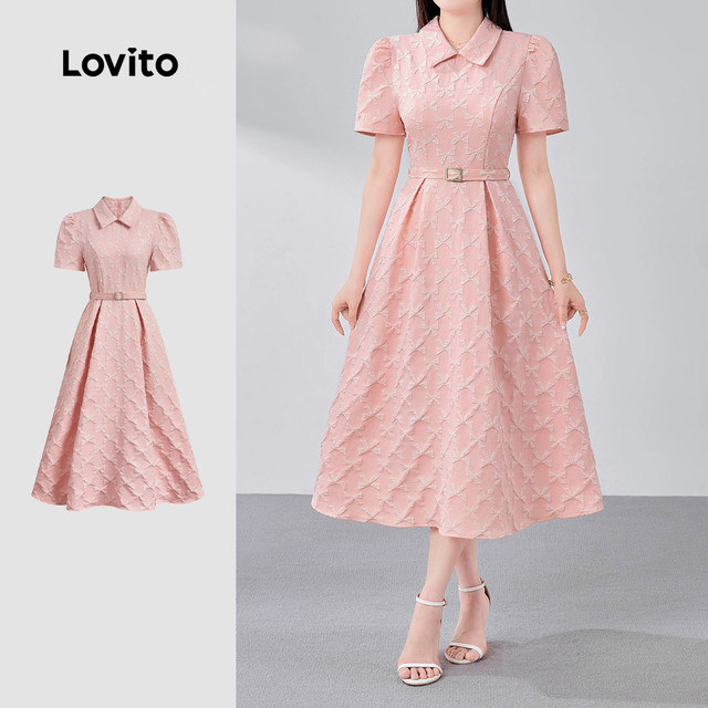 Lovito Rosa Vestido Midi Clássico E Versátil Em Jacquard Com Mangas Curtas E Gola De Palha Para O Dia a Dia Na Primavera/verão Para Mulheres LR18E122