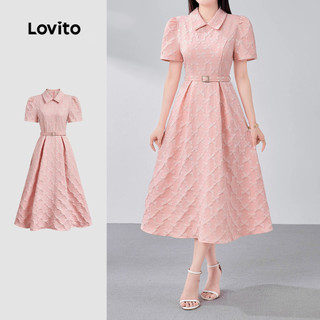 Lovito Rosa Vestido Midi Clássico E Versátil Em Jacquard Com Mangas Curtas E Gola De Palha Para O Dia a Dia Na Primavera/verão Para Mulheres LR18E122