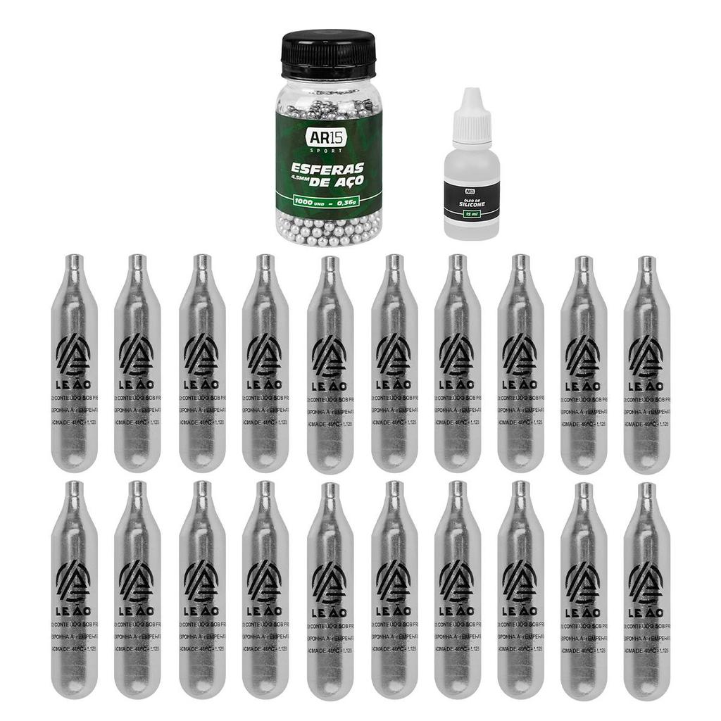 20 Co2 Leão 12g +1000 Esferas de Aço 4.5mm +Óleo de silicone