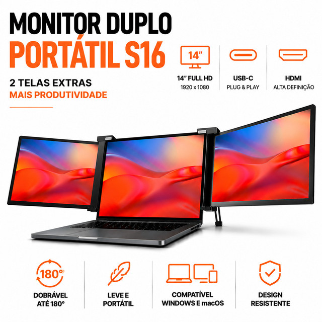Monitor Triplo Portátil 14" para Notebook – 16:9 Full HD IPS Extensor de Tela Compacto